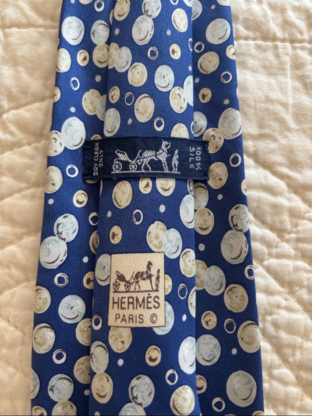 Hermes Blue Silk Tie with Cream and Light Blue Bubble Pattern
